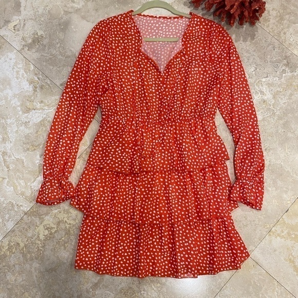 Dresses & Skirts - NWOT Long Sleeve Orange Ruffle dress w/white polkadots & elastic sleeves/waist M